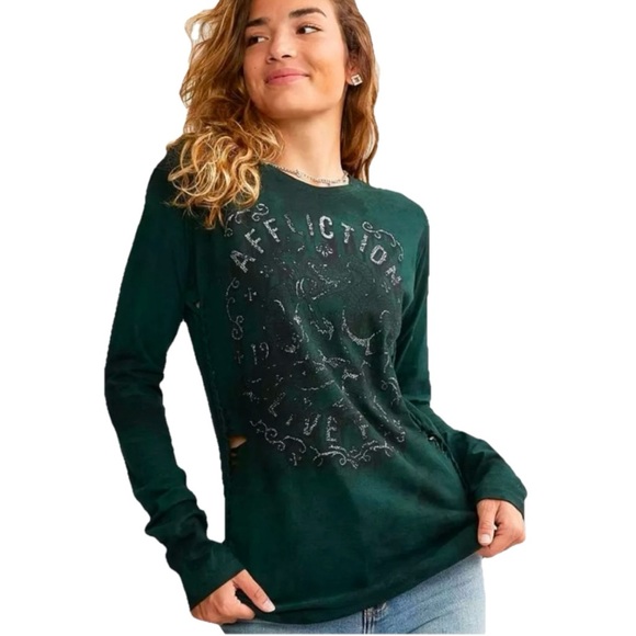 Affliction Tops - Affliction Manic Triumph American Custom Women’s Green Long Sleeve Size Small